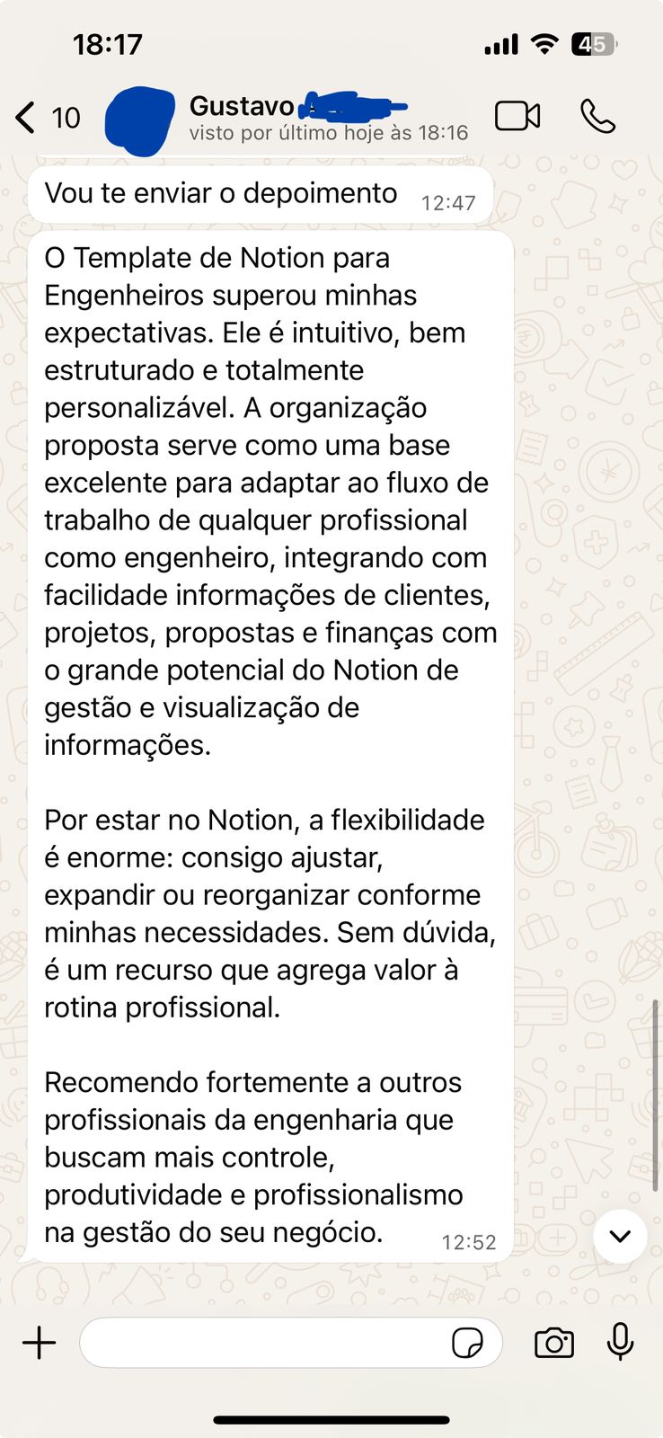 Depoimento de cliente via WhatsApp